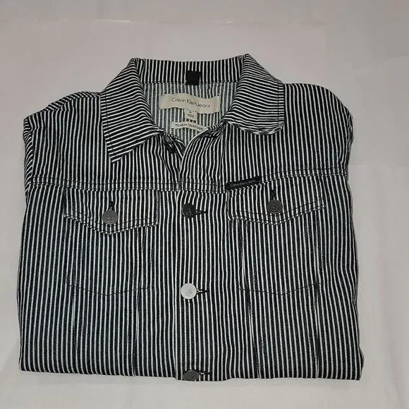 Calvin Klein Clean Line Trucker Teddy Stripe Engineer Denim Jacket NWOT Size M - Picture 10 of 10